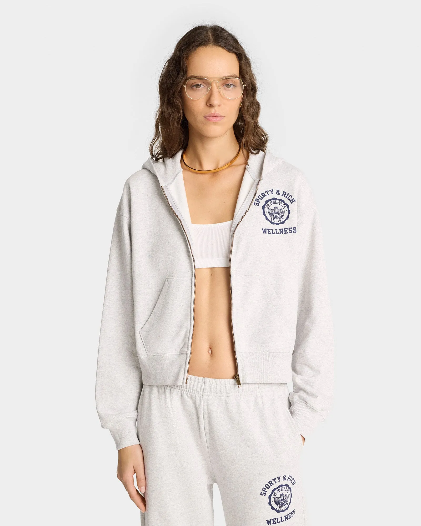 Emblem Cropped Zip Hoodie - Heather Gray/Navy