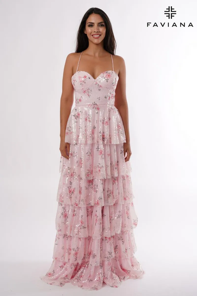 Faviana Floral Ruffle Long Prom Dress E11223