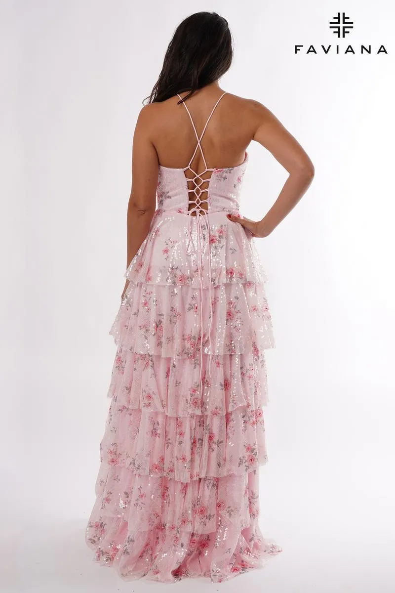 Faviana Floral Ruffle Long Prom Dress E11223