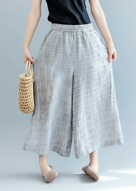 French Grey elastic waist Linen wide leg pants Spring