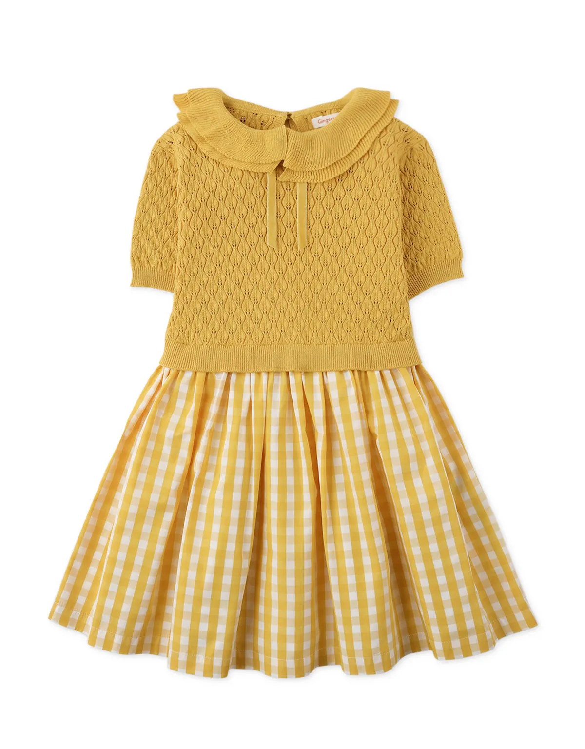 GIRLS POINTELLE BODICE DRESS WITH CHECKED TAFETTA BOTTOM