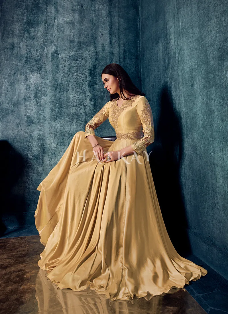 Golden Yellow Zari Embroidered Designer Gown