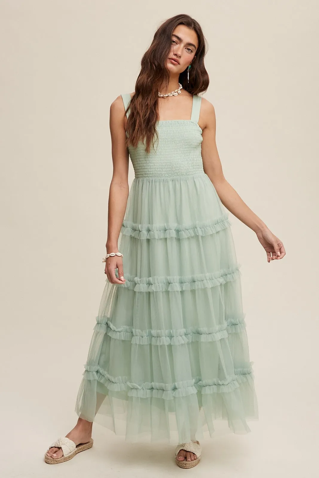 Green Lily Romantic Frill Ruffle Tiered Mesh Maxi Dress