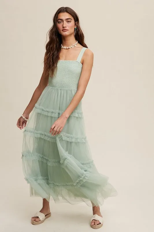 Green Lily Romantic Frill Ruffle Tiered Mesh Maxi Dress