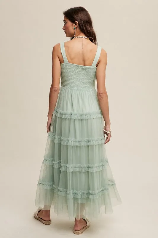 Green Lily Romantic Frill Ruffle Tiered Mesh Maxi Dress