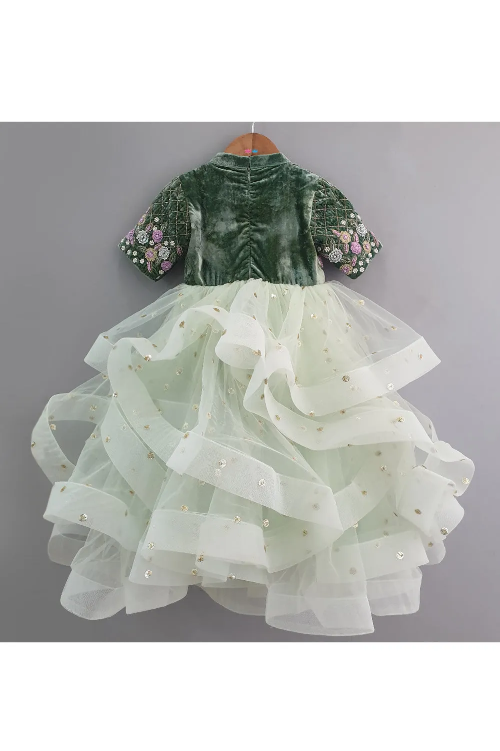 Green Sequins And Floral Thread Work Ruffled Anarkali With Frilly Dupatta