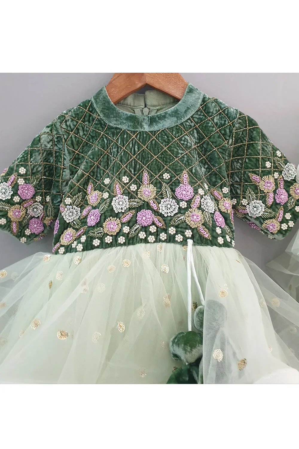 Green Sequins And Floral Thread Work Ruffled Anarkali With Frilly Dupatta