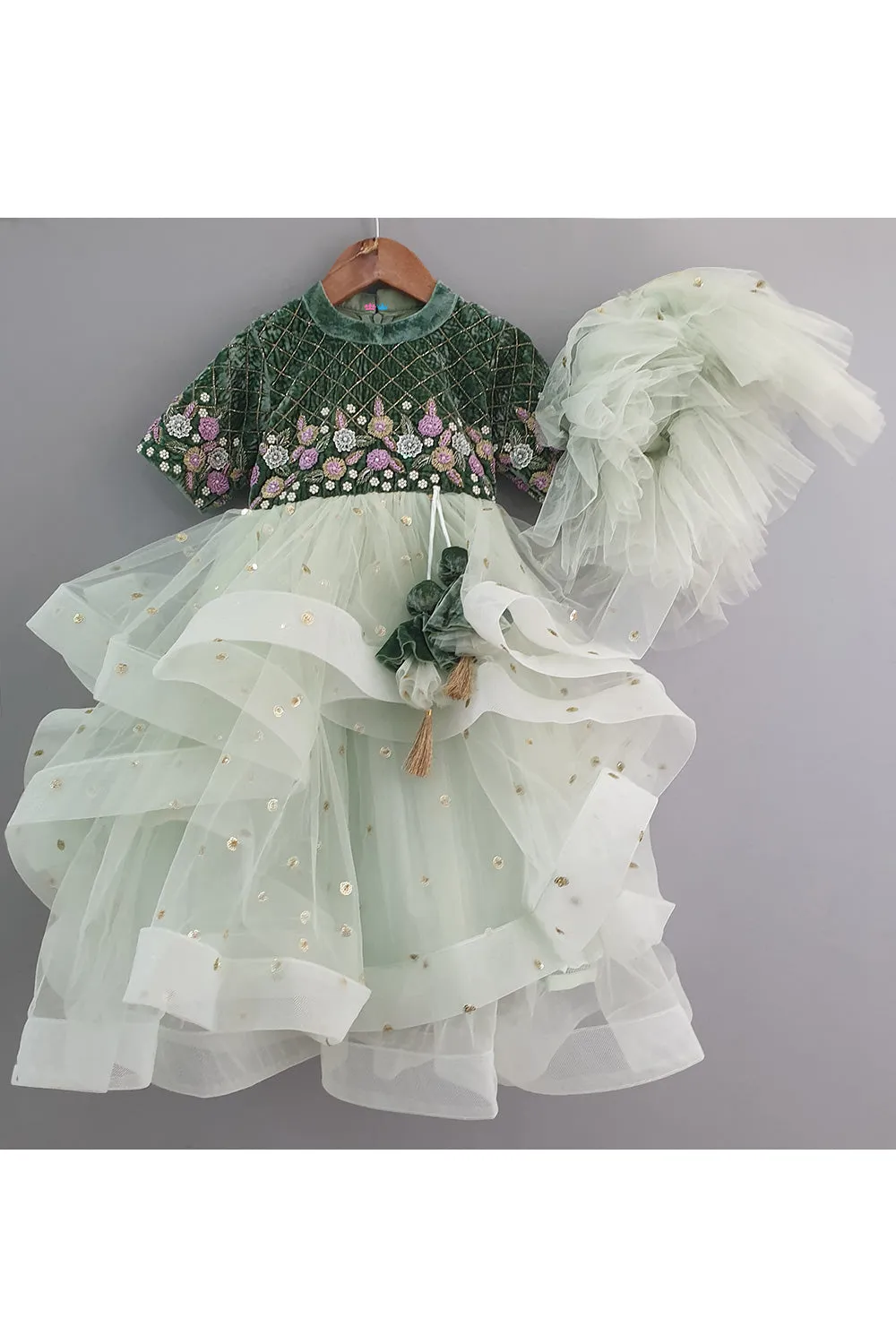 Green Sequins And Floral Thread Work Ruffled Anarkali With Frilly Dupatta