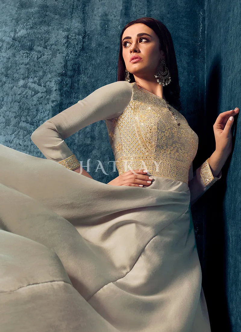 Grey Zari Sequence Embroidered Designer Gown