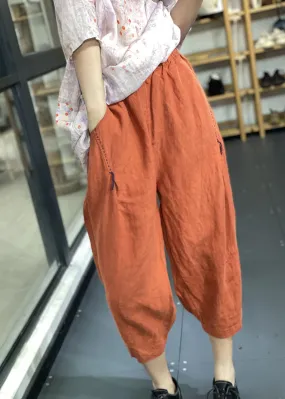 Handmade Orange Elastic Waist Oriental Jogging Fall Pants