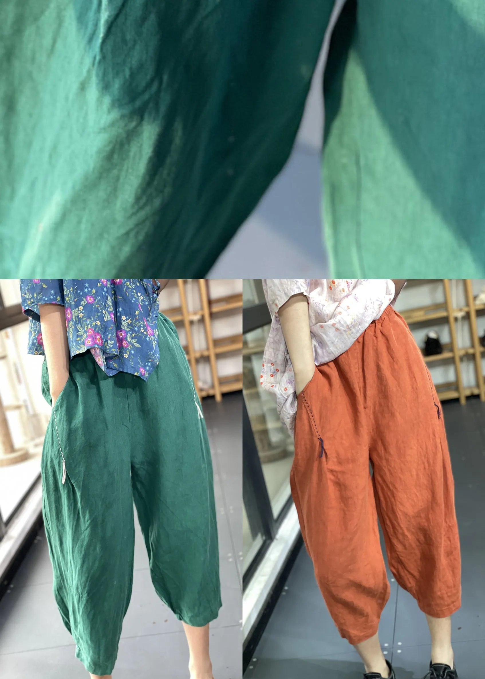 Handmade Orange Elastic Waist Oriental Jogging Fall Pants