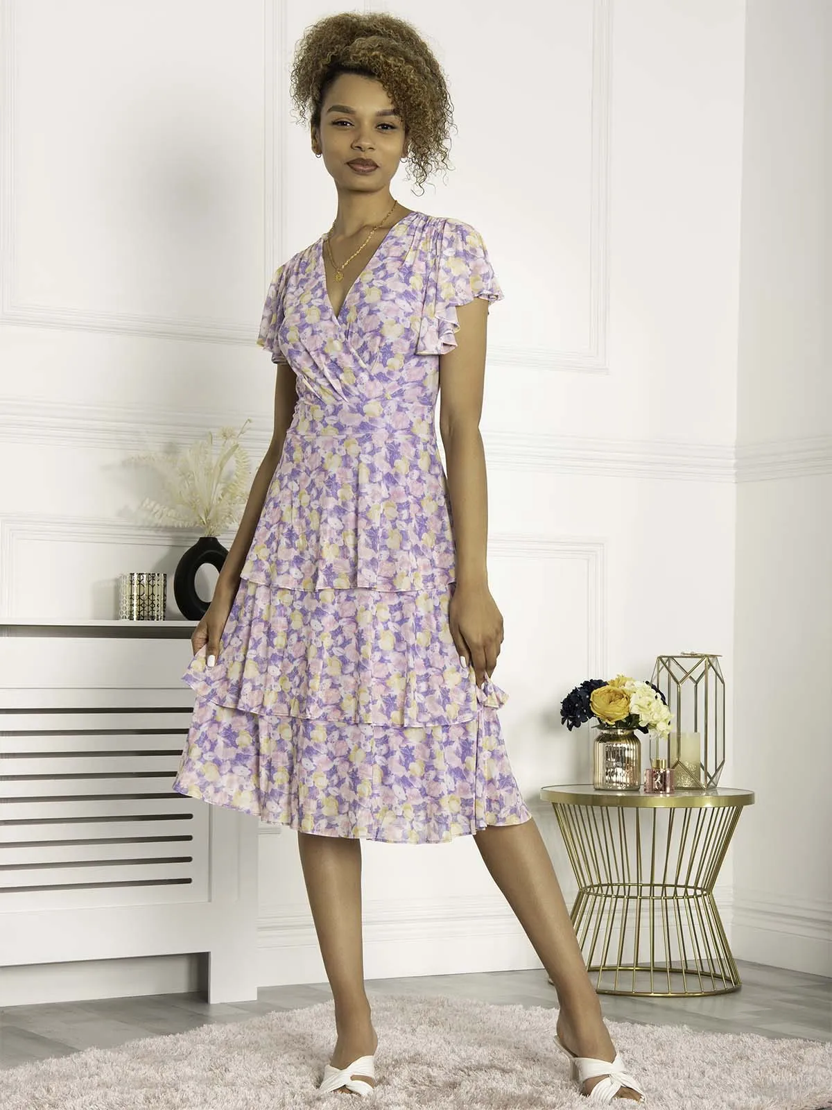 Jolie Moi Gabielle Tiered Midi Dress, Purple Floral