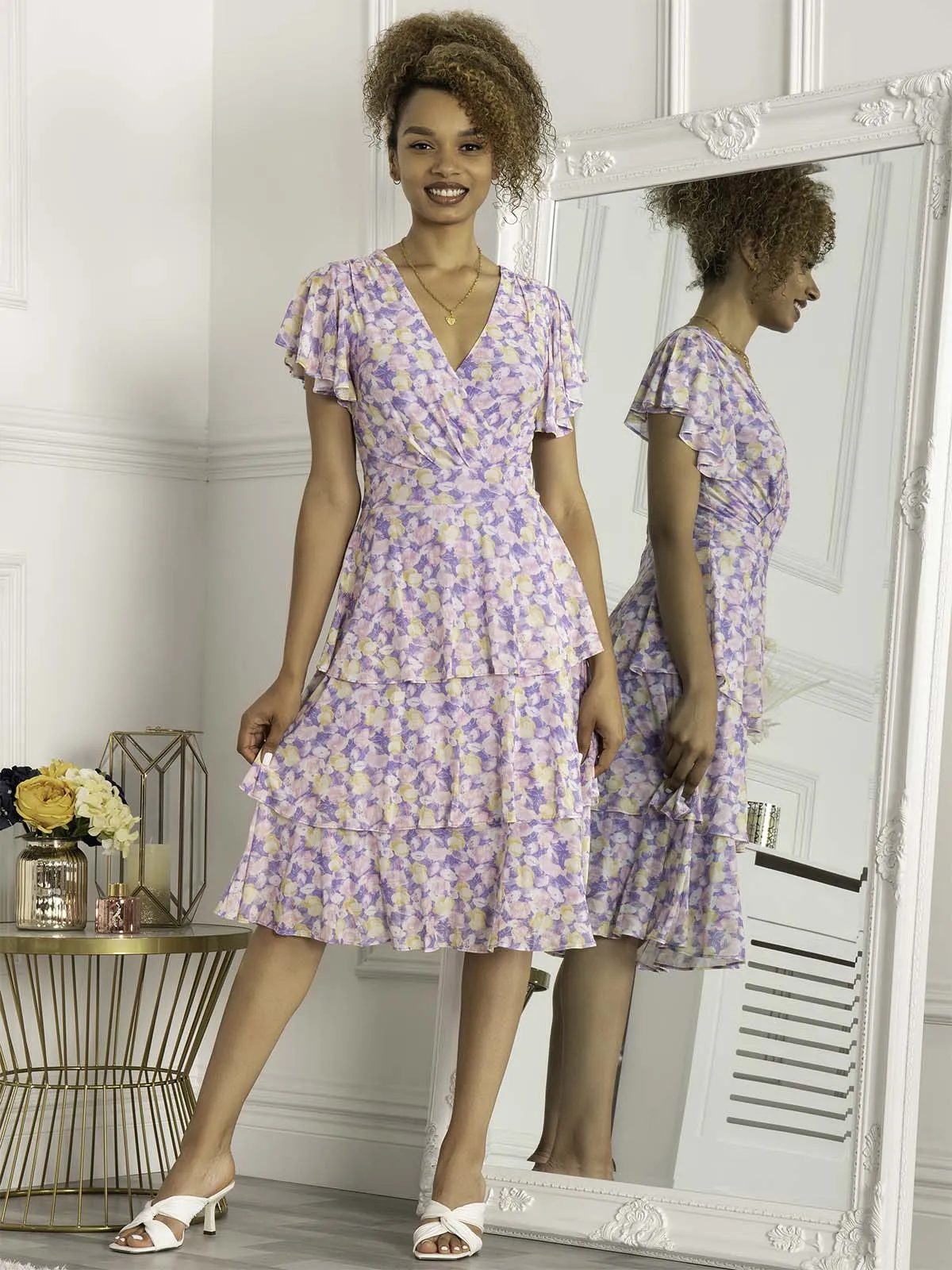 Jolie Moi Gabielle Tiered Midi Dress, Purple Floral