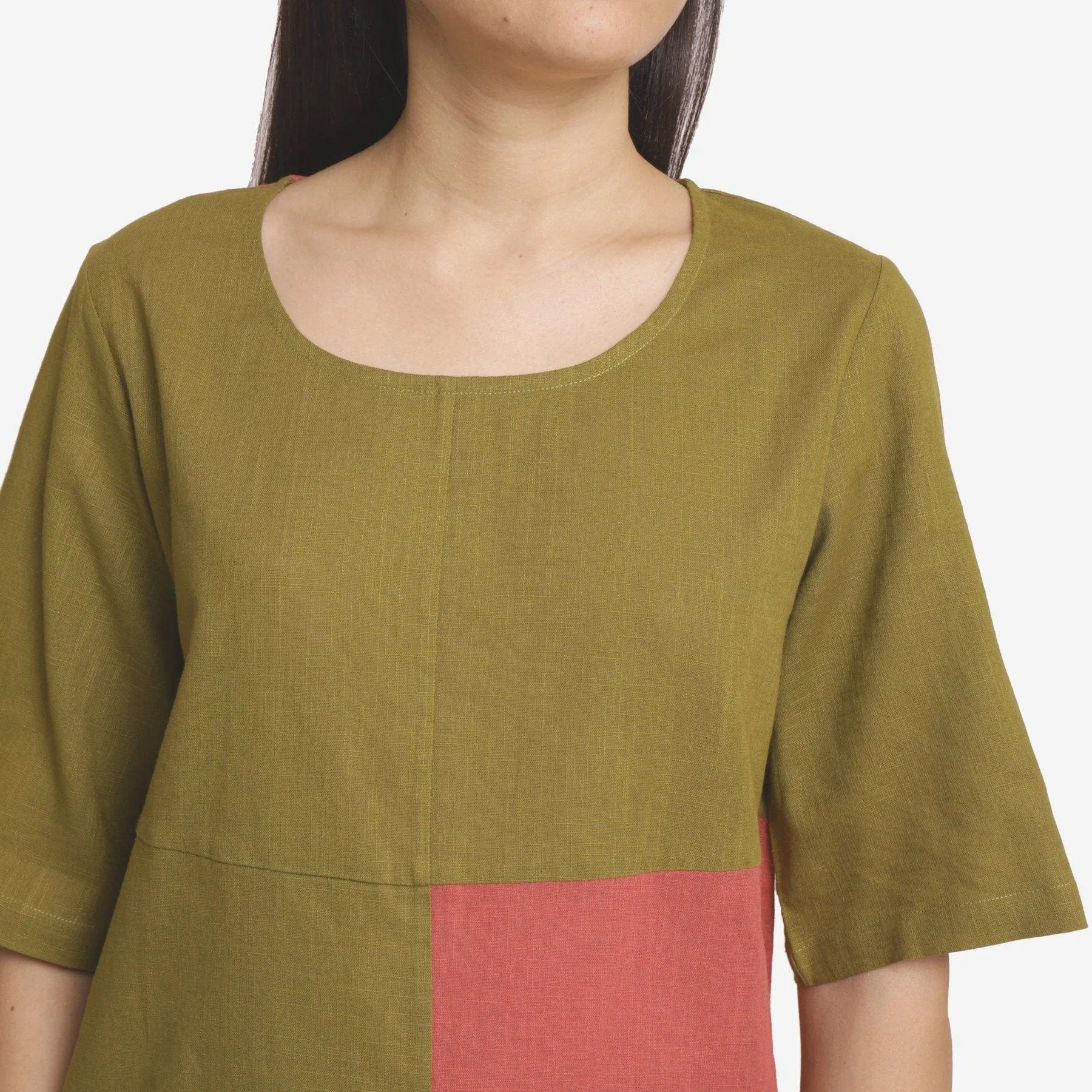 Khaki Green and Red 100% Cotton Round Neck Paneled Top