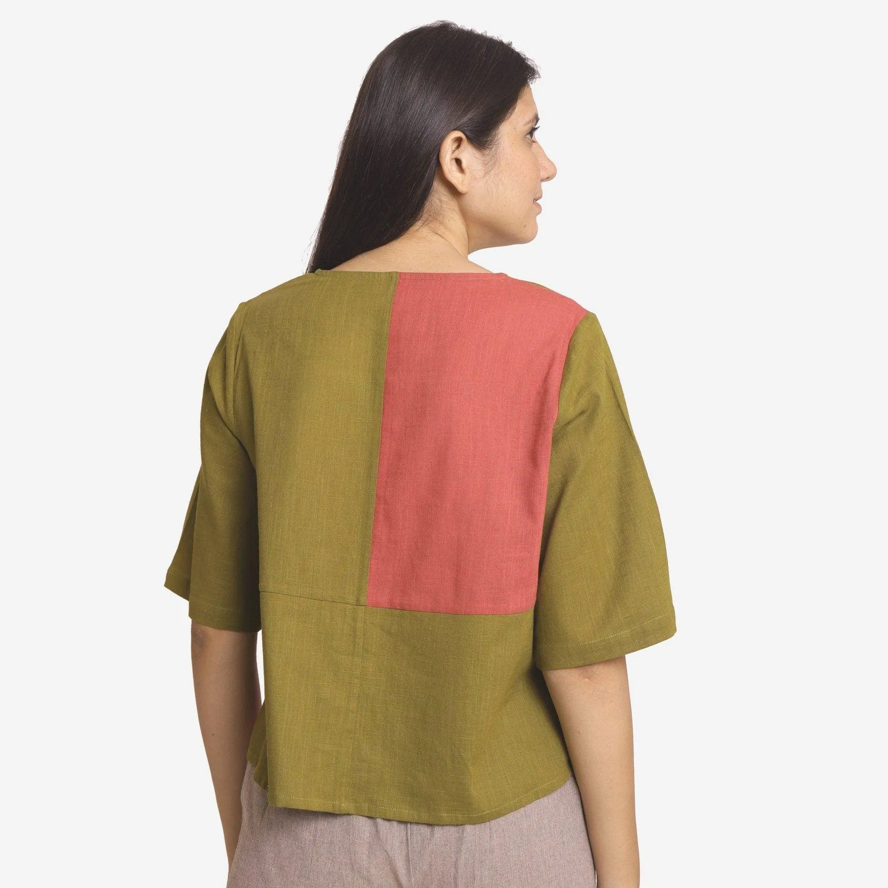 Khaki Green and Red 100% Cotton Round Neck Paneled Top