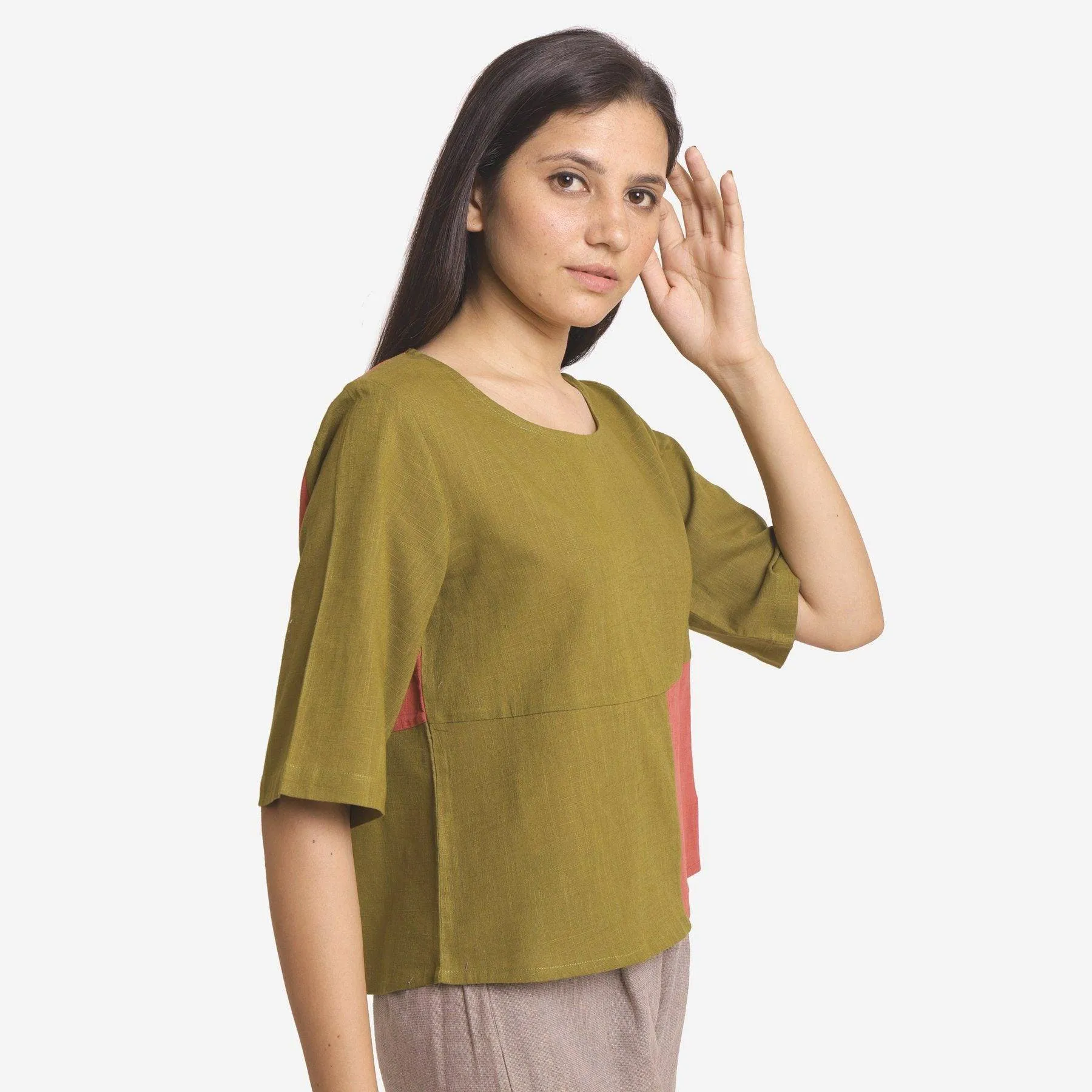 Khaki Green and Red 100% Cotton Round Neck Paneled Top