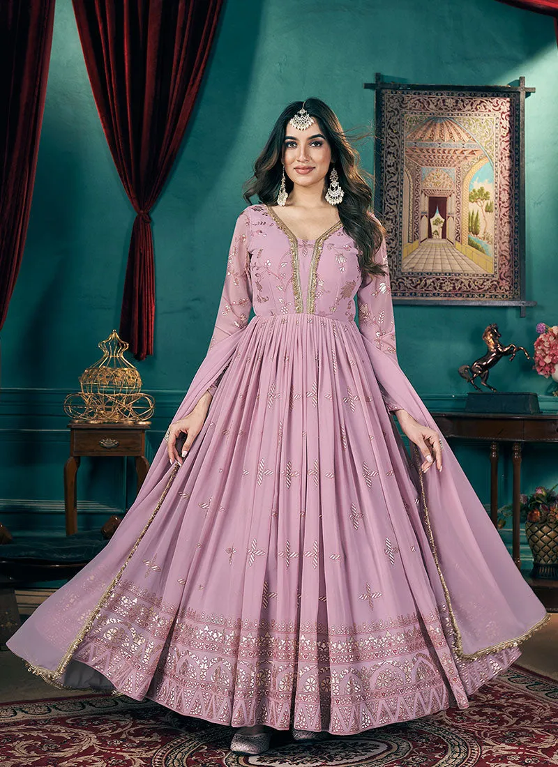 Lavender Metallic Foil Work Embellished Anarkali Suit