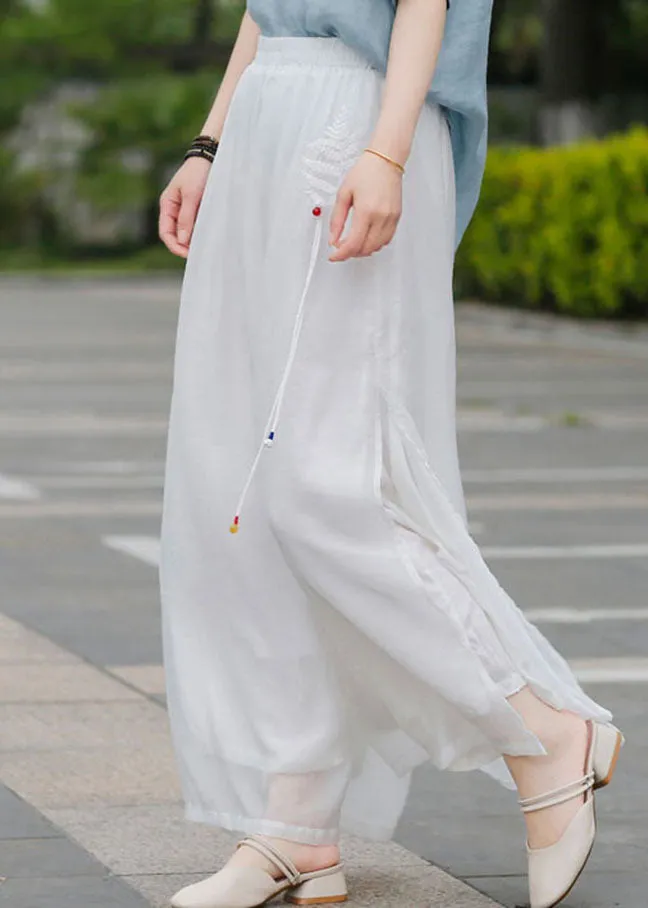 Loose White elastic waist Embroideried Linen Pants Spring