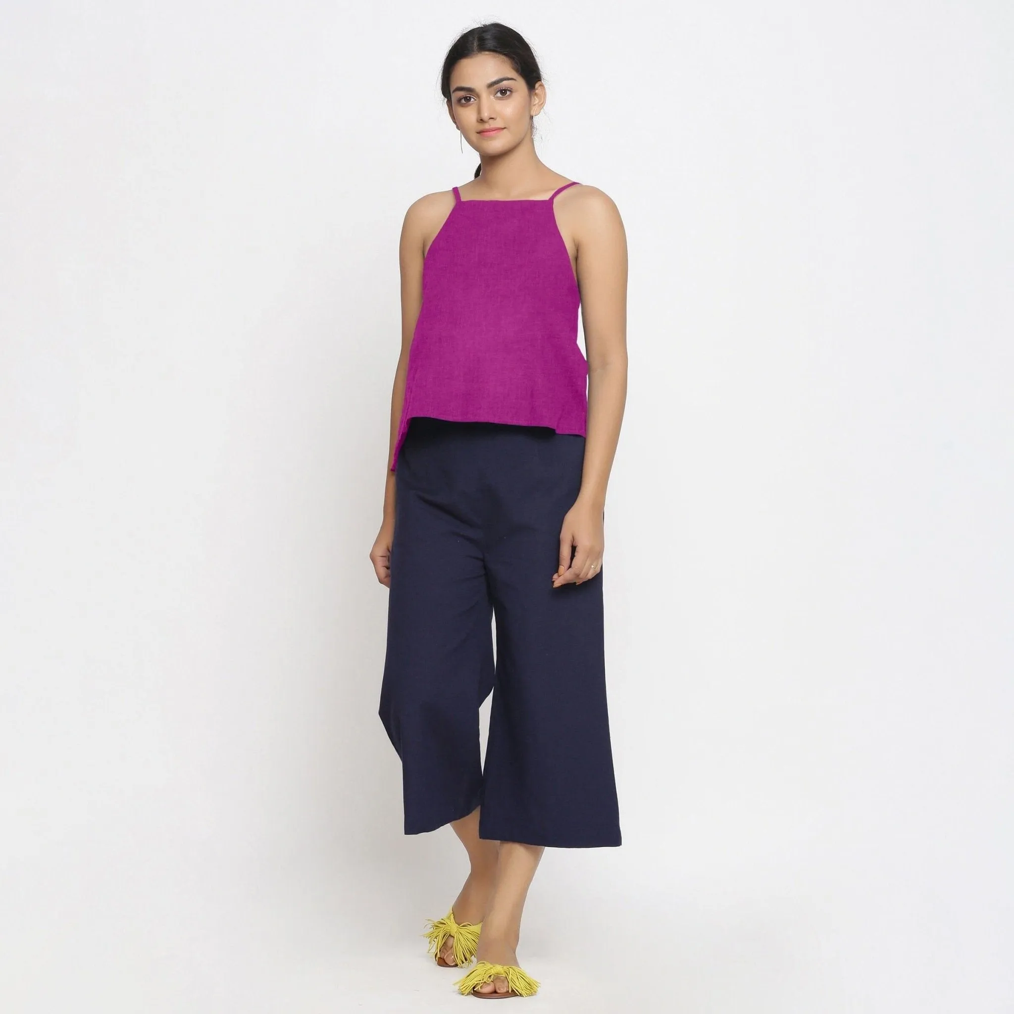 Magenta Cotton Linen Relaxed Fit Spaghetti Top