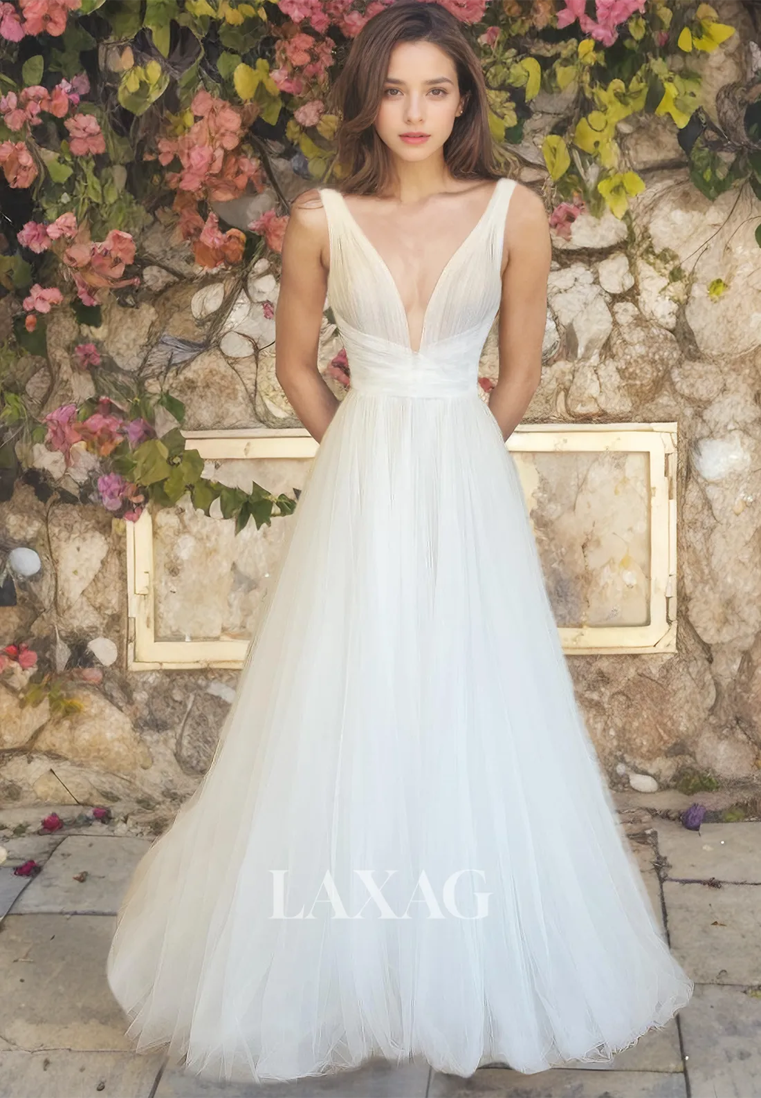 Minimalist Low-V-Neck Sleeveless A-Line Tulle Wedding Dress