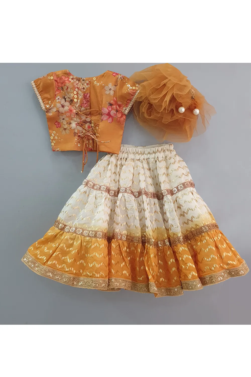 Mustard floral choli and ombre lehenga with frilly dupatta