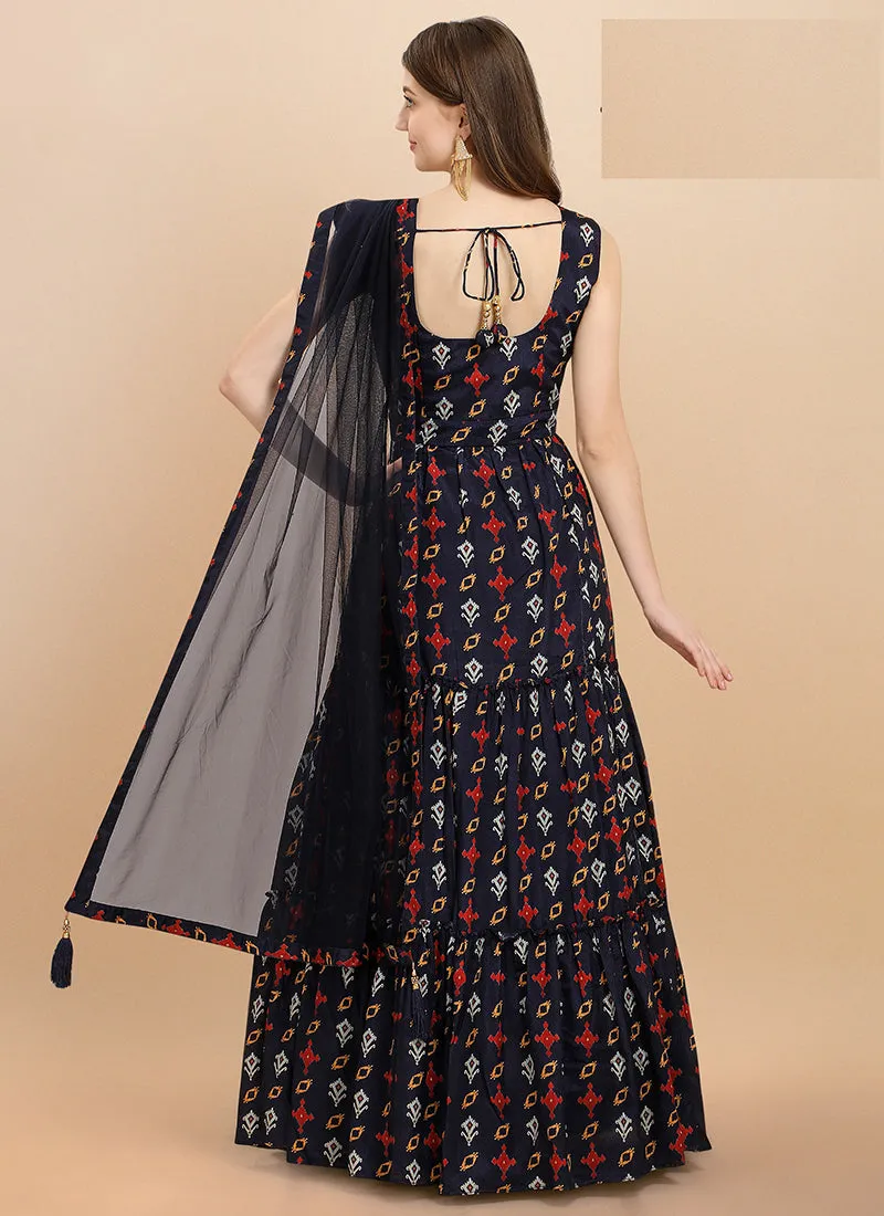 Navy Blue Embroidered Shaded Georgette Anarkali Gown