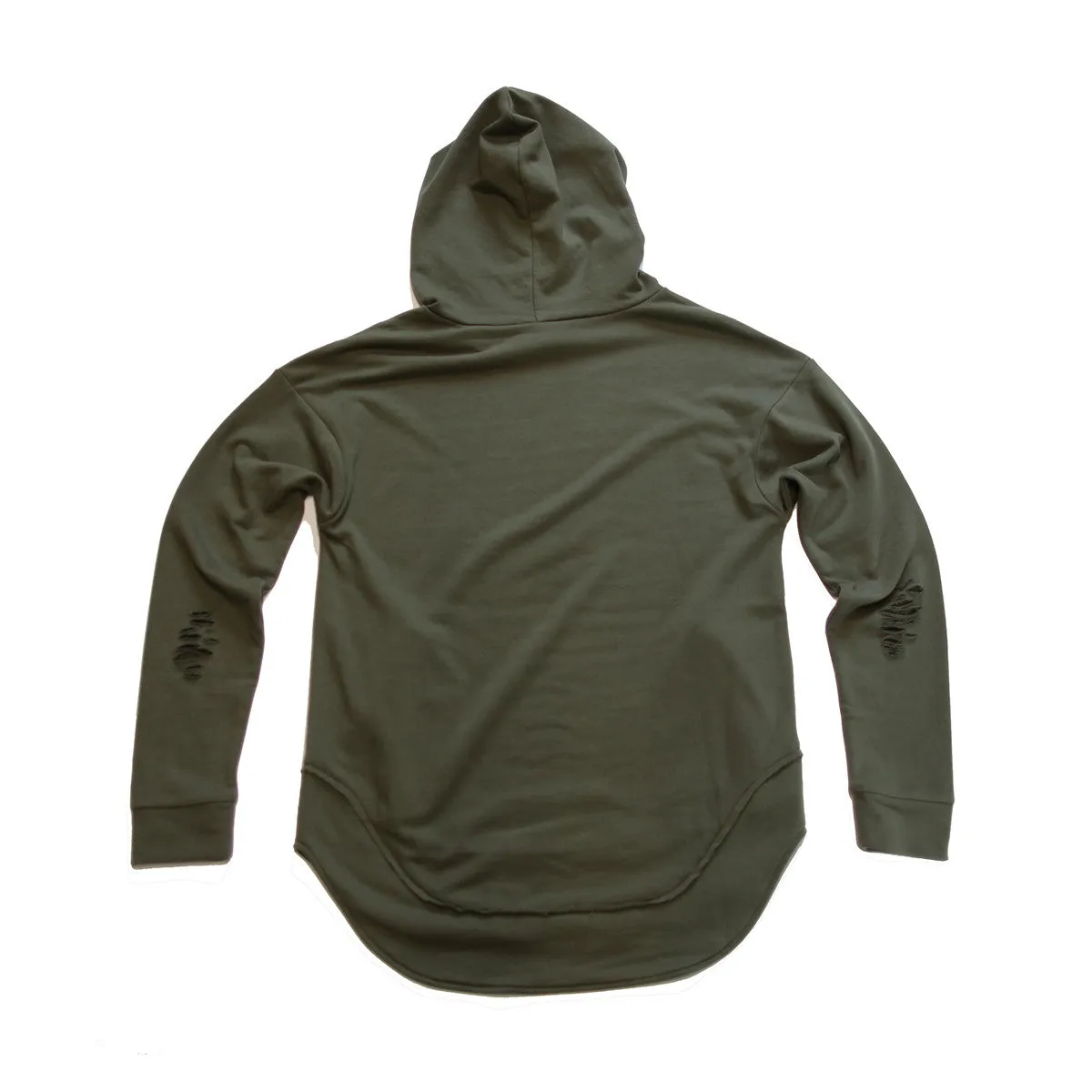 Olive Green Curved Hem Men Distressed Scoop Hoodie