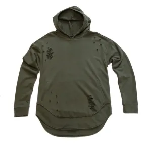 Olive Green Curved Hem Men Distressed Scoop Hoodie