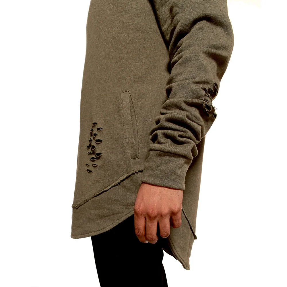 Olive Green Curved Hem Men Distressed Scoop Hoodie