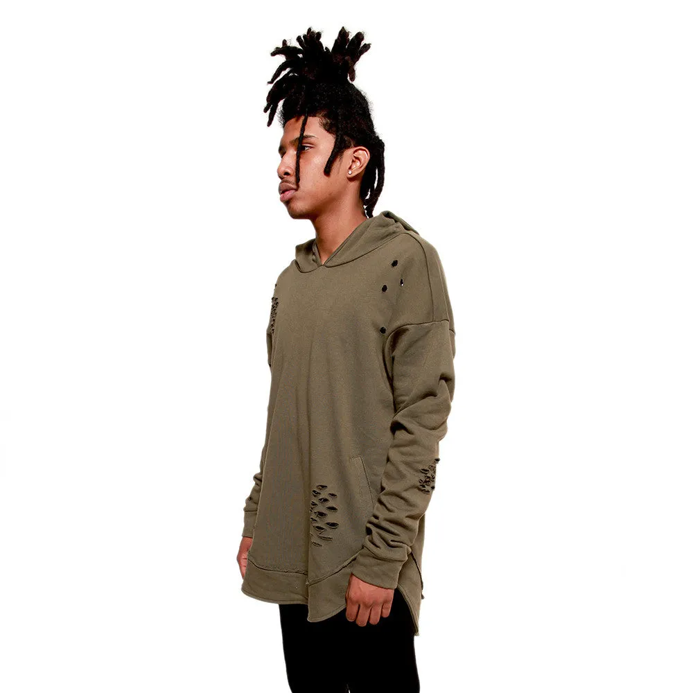 Olive Green Curved Hem Men Distressed Scoop Hoodie