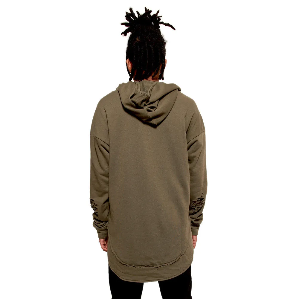 Olive Green Curved Hem Men Distressed Scoop Hoodie