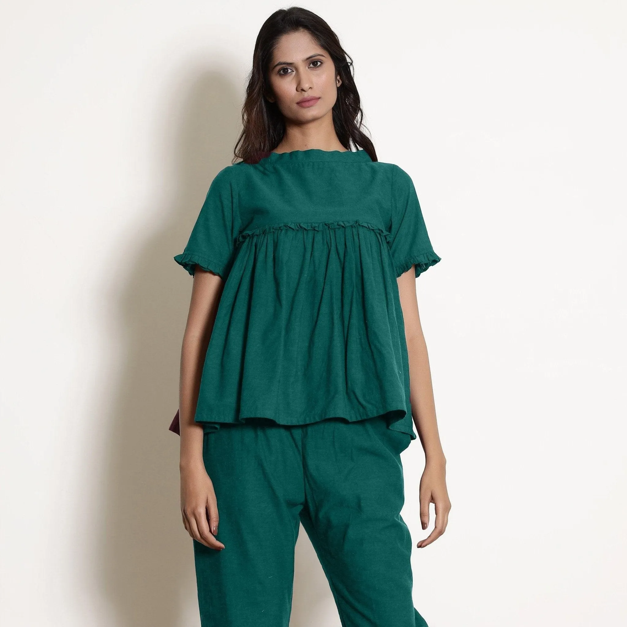 Pine Green Warm Cotton Frilled Gathered Top