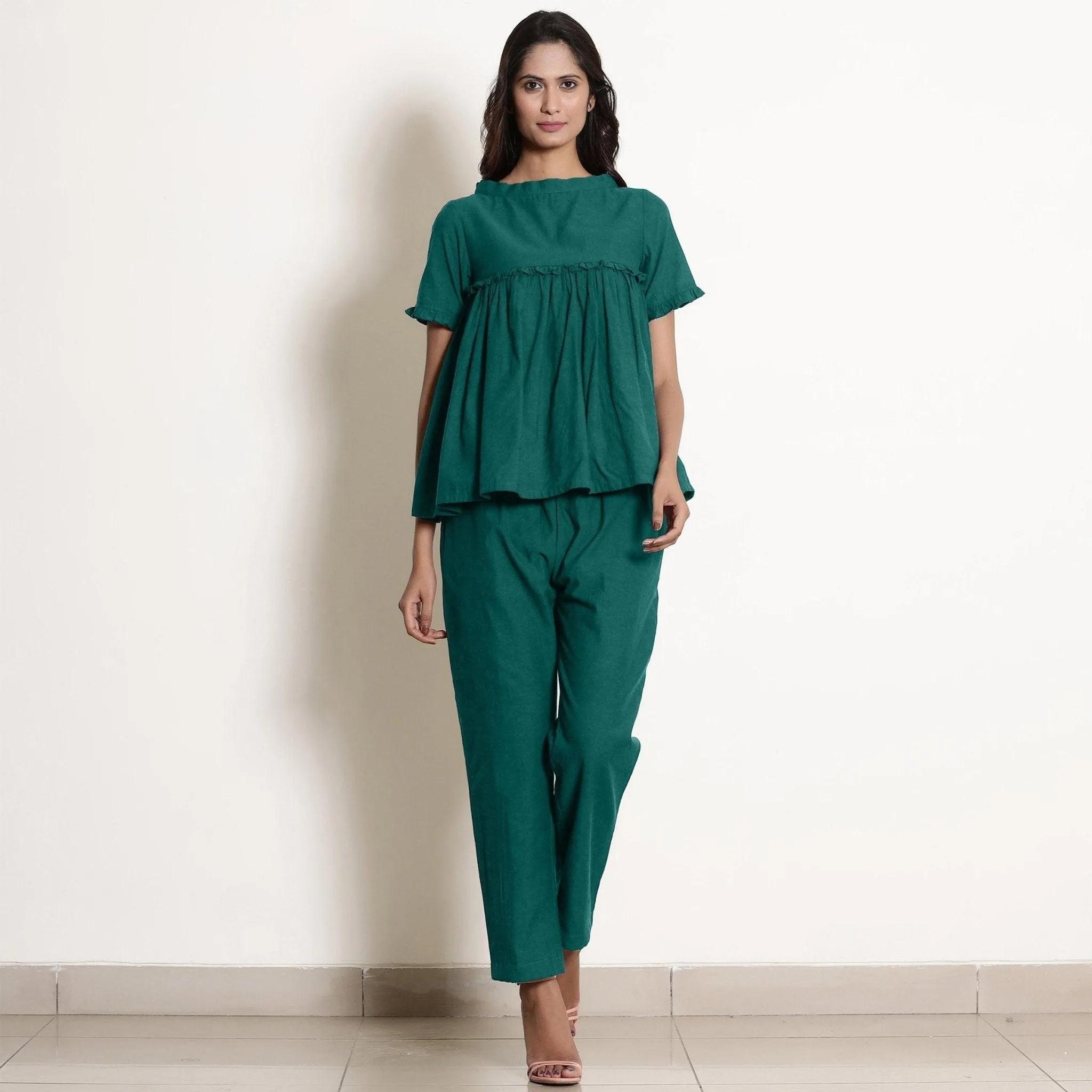 Pine Green Warm Cotton Frilled Gathered Top