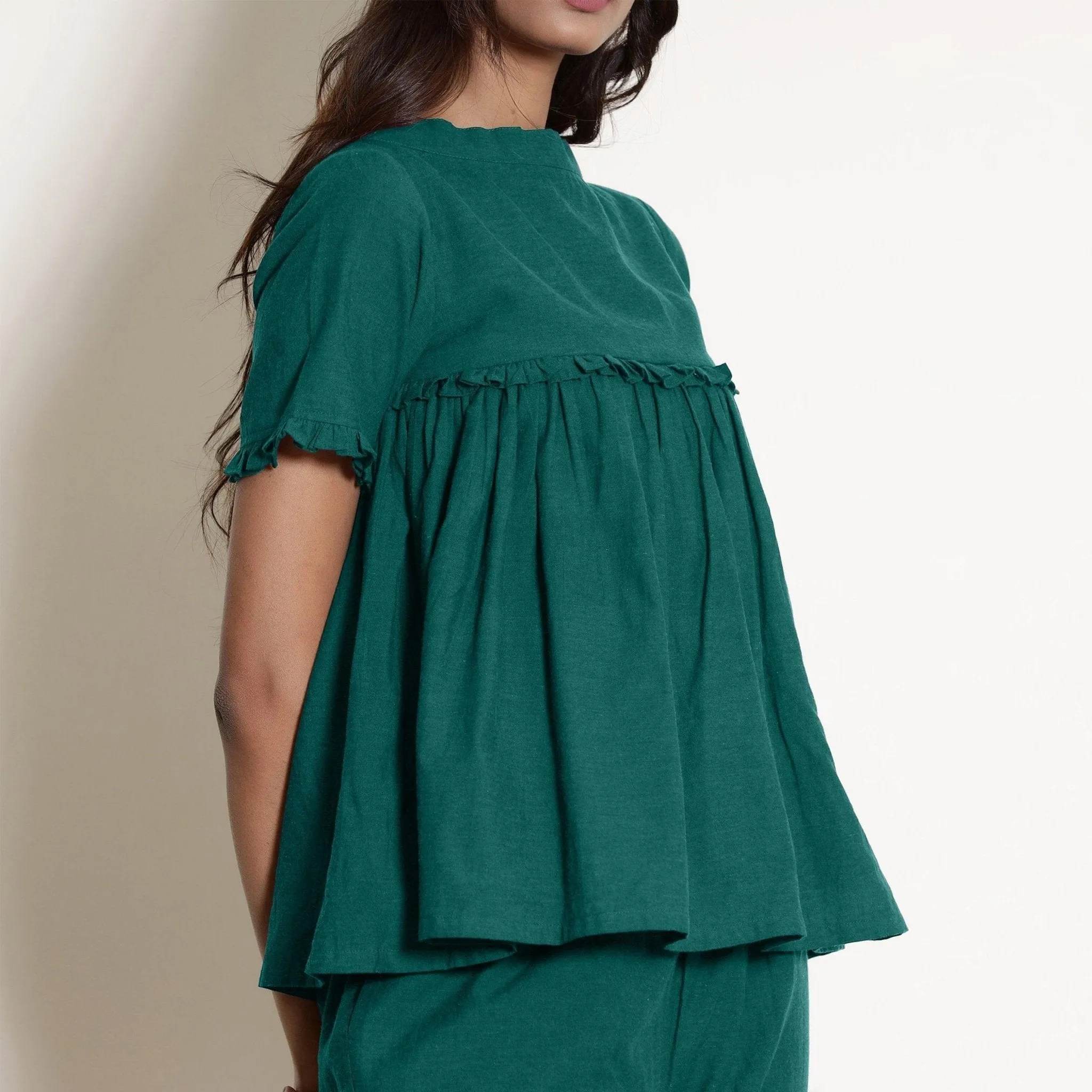 Pine Green Warm Cotton Frilled Gathered Top