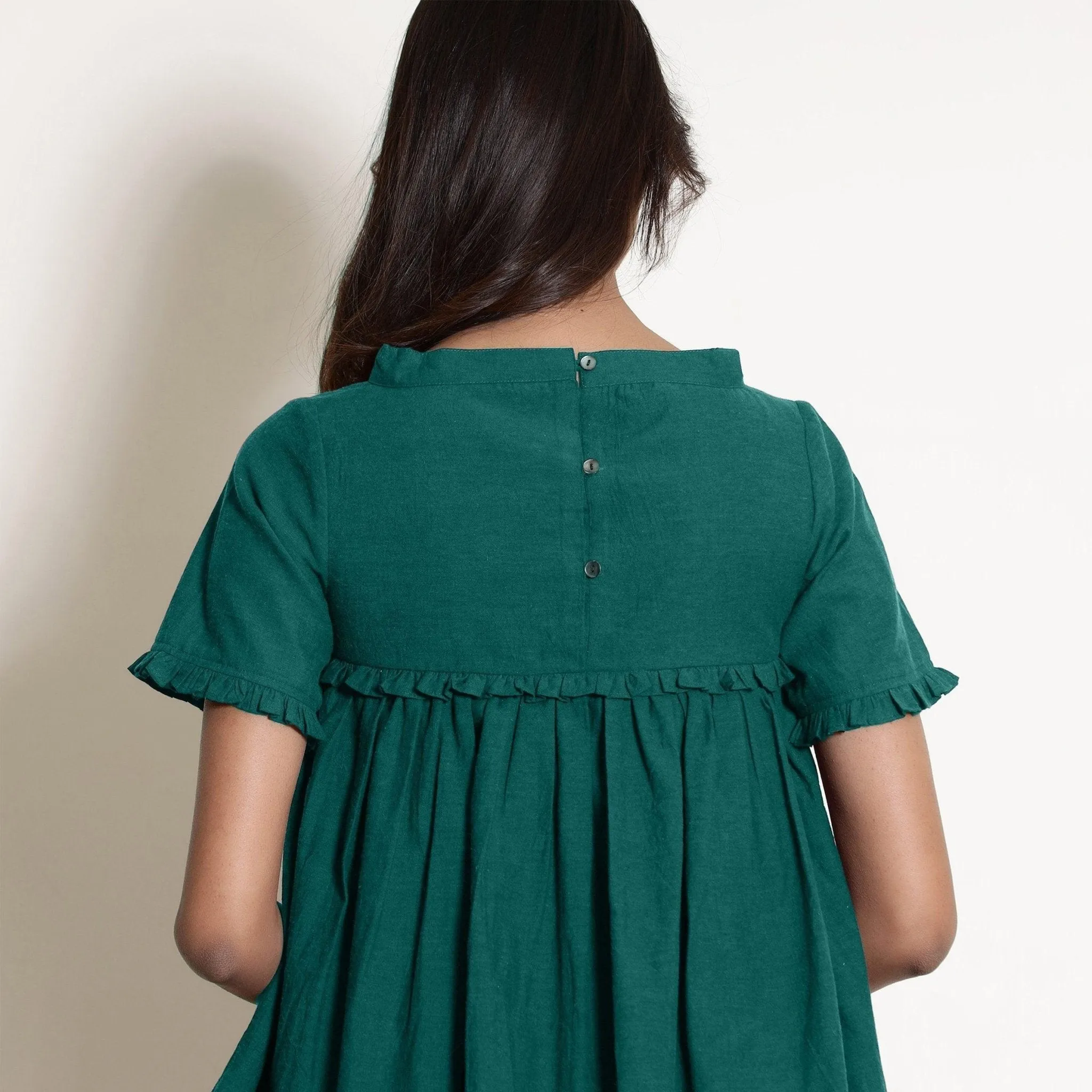 Pine Green Warm Cotton Frilled Gathered Top