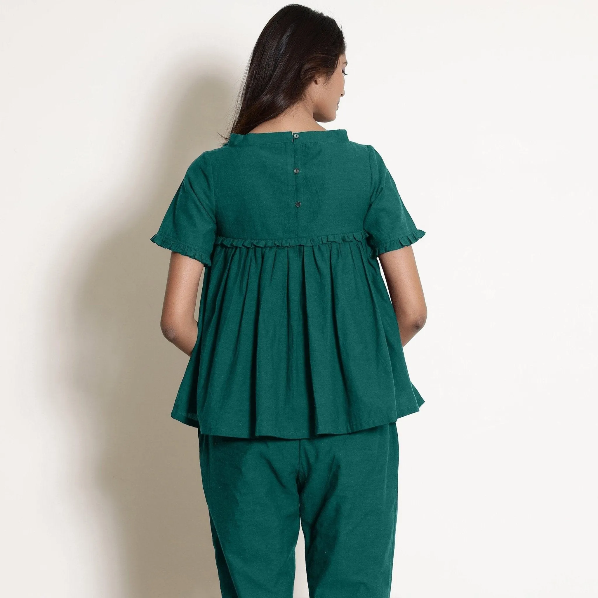 Pine Green Warm Cotton Frilled Gathered Top