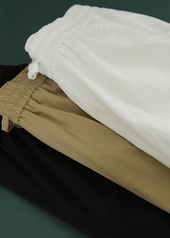 Plus Size White Elastic Waist Cargo Cotton Pants Summer