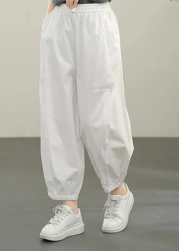 Plus Size White Elastic Waist Cargo Cotton Pants Summer