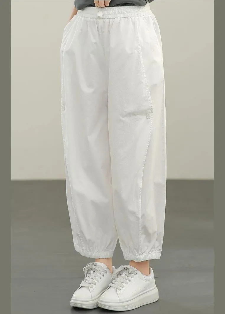 Plus Size White Elastic Waist Cargo Cotton Pants Summer