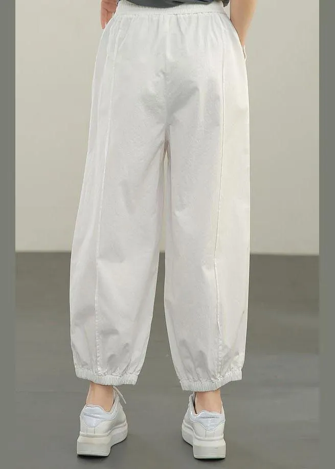 Plus Size White Elastic Waist Cargo Cotton Pants Summer