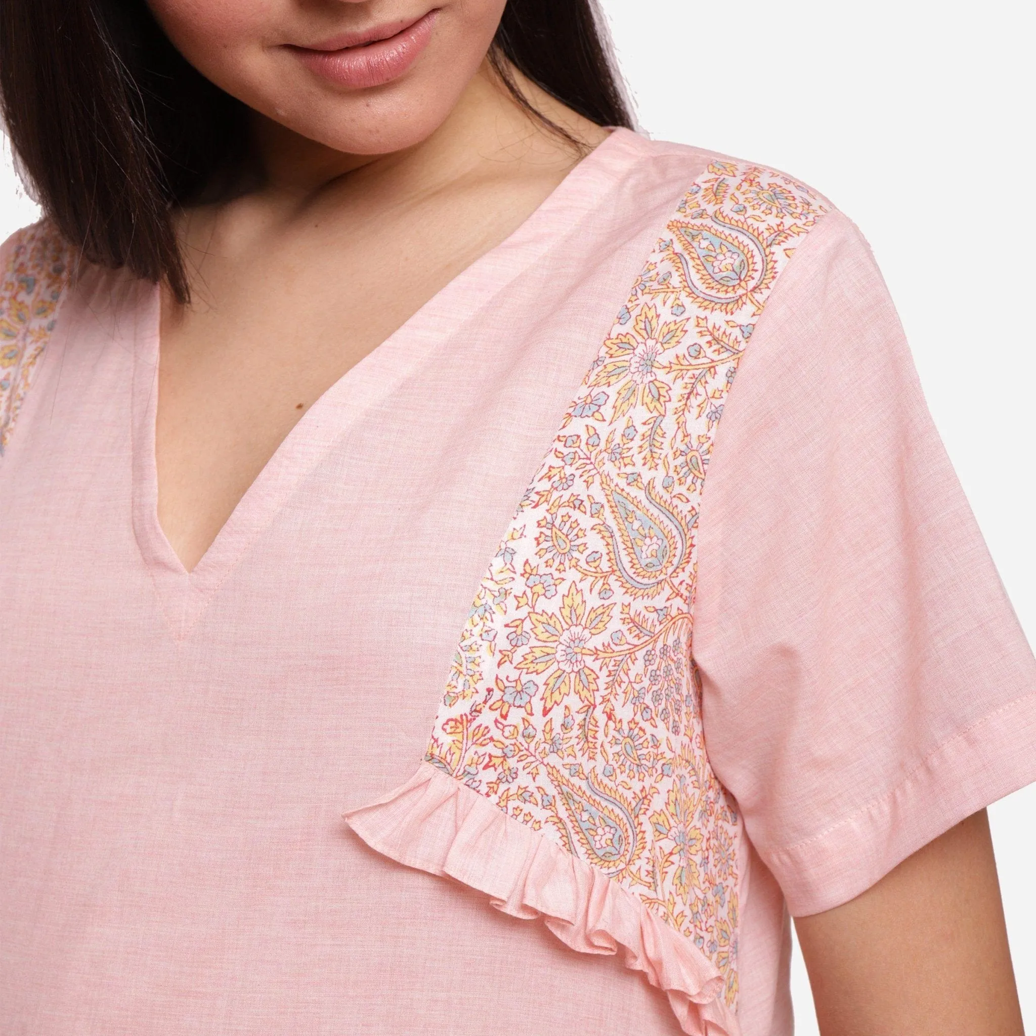 Powder Pink Cotton Chambray Block Print Short Top