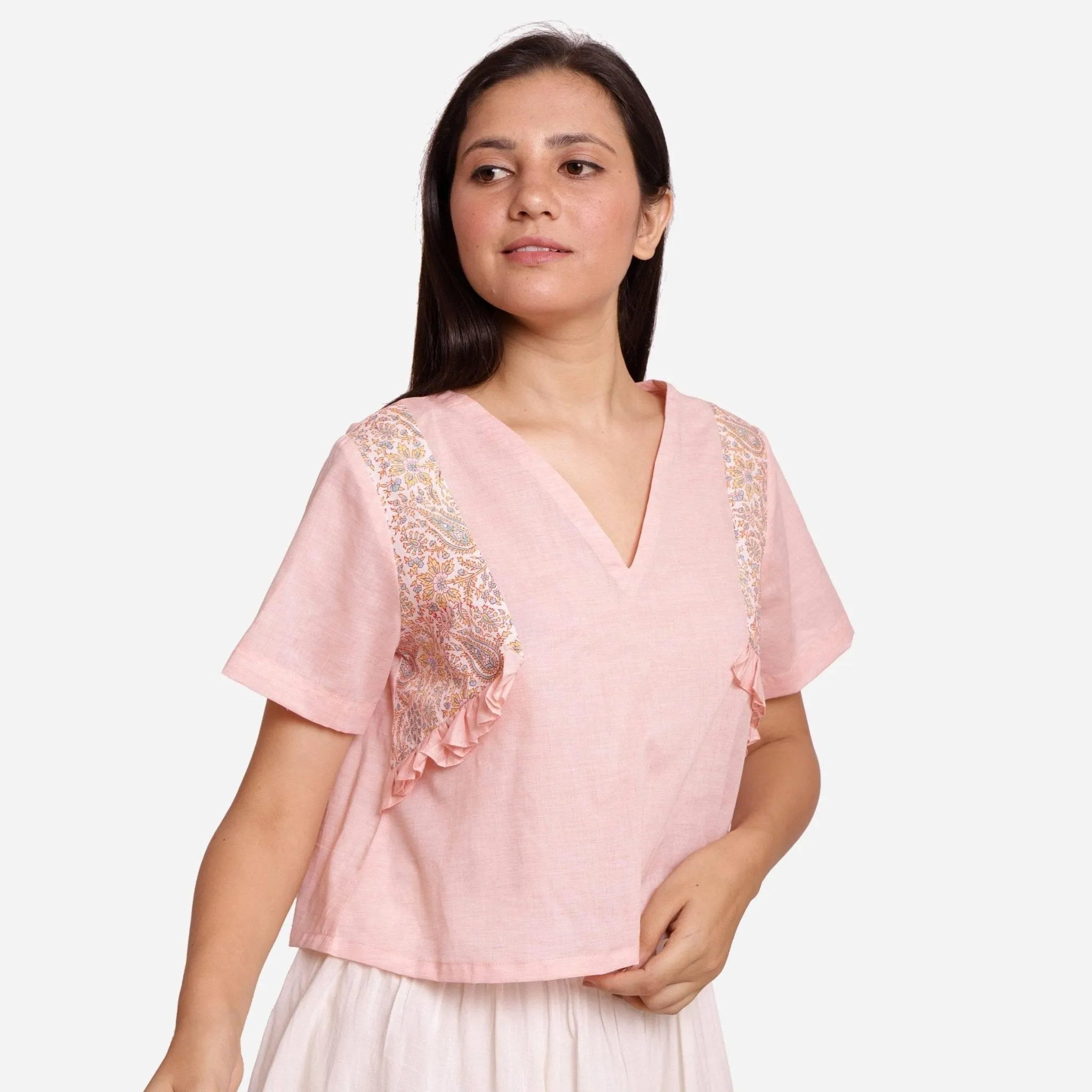 Powder Pink Cotton Chambray Block Print Short Top