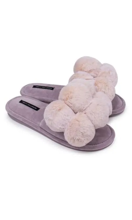 Pretty You London Dolly Pom Pom Slippers in Orchid