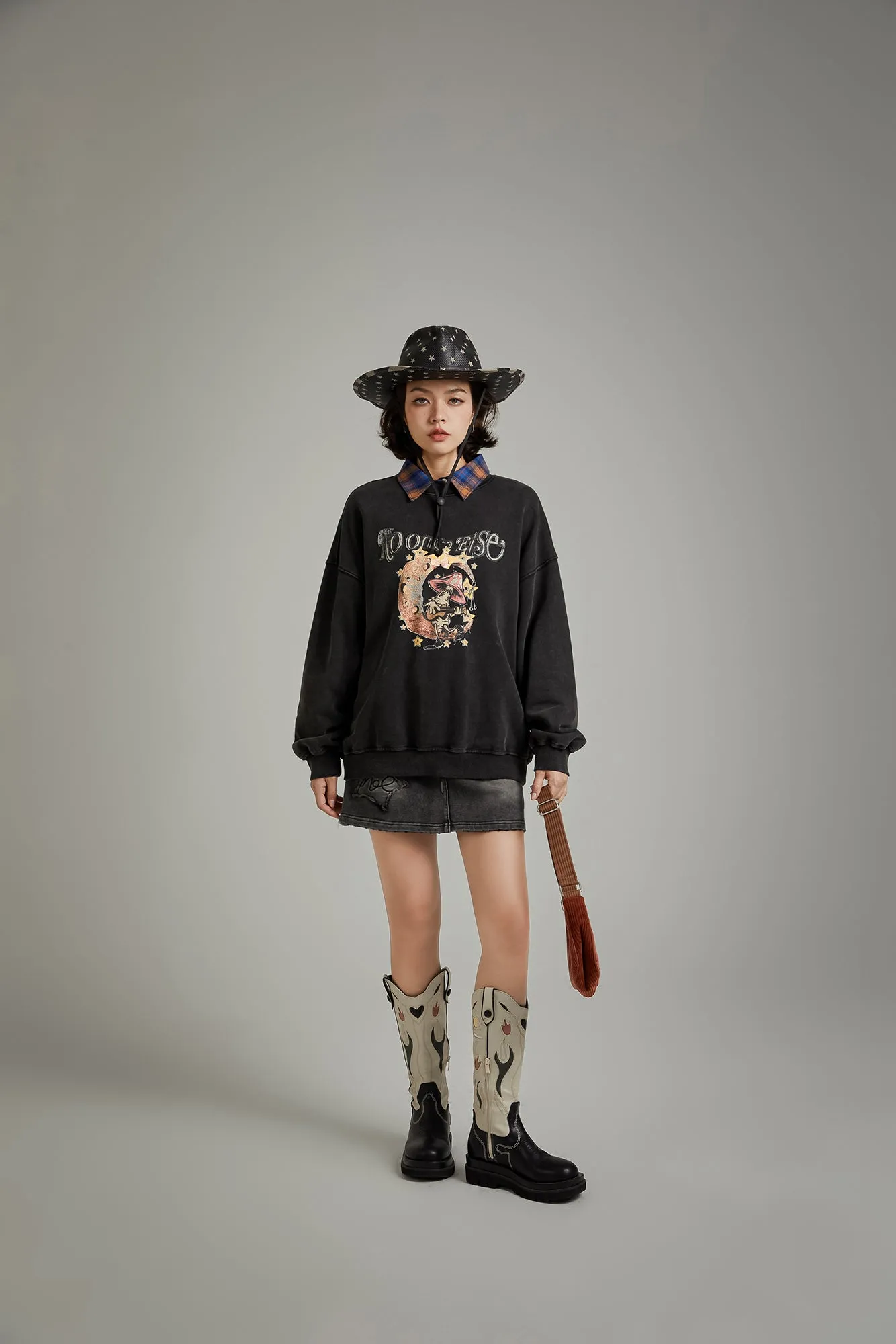 Printed Mushroom Moon Oversized Sweatshirt