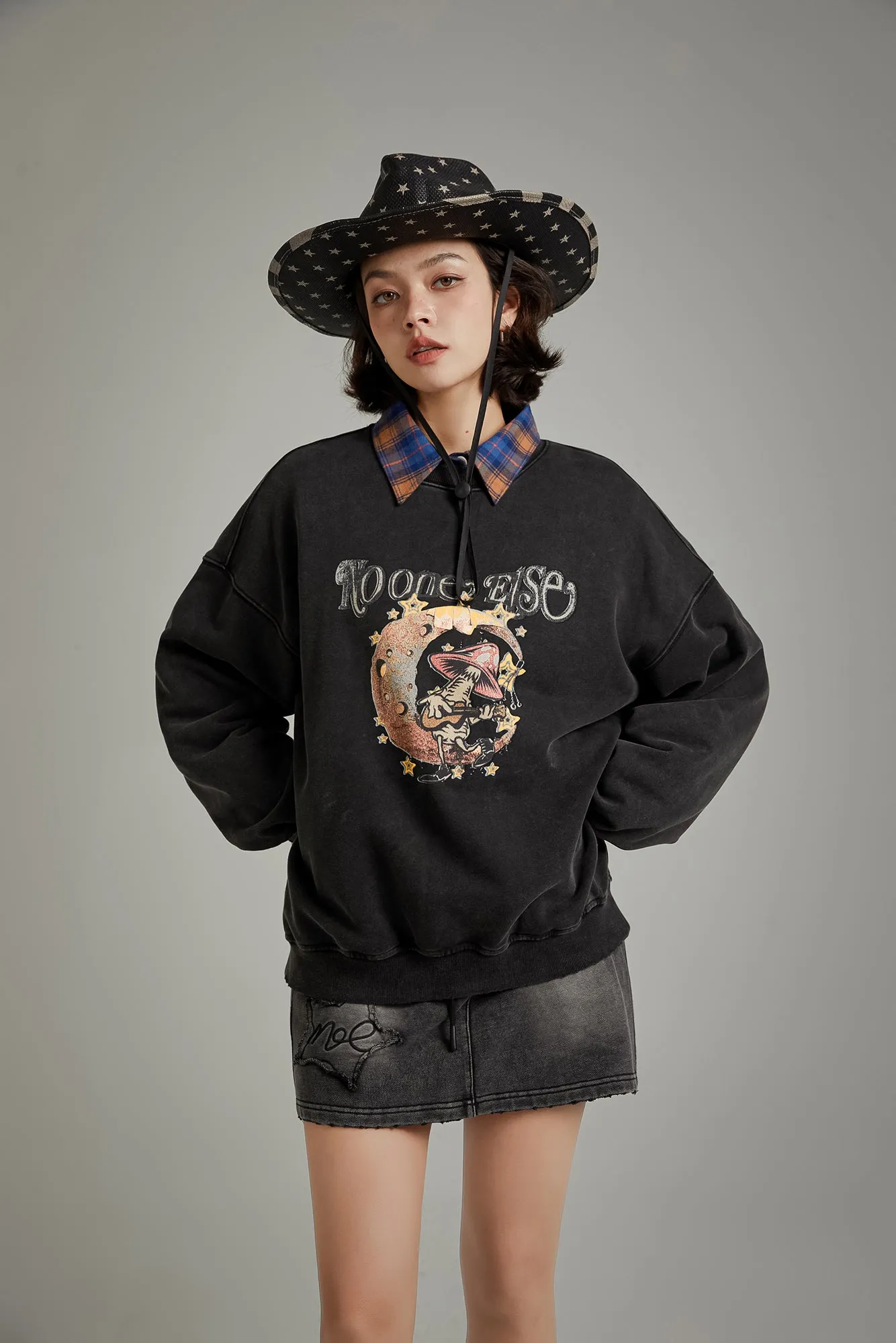 Printed Mushroom Moon Oversized Sweatshirt