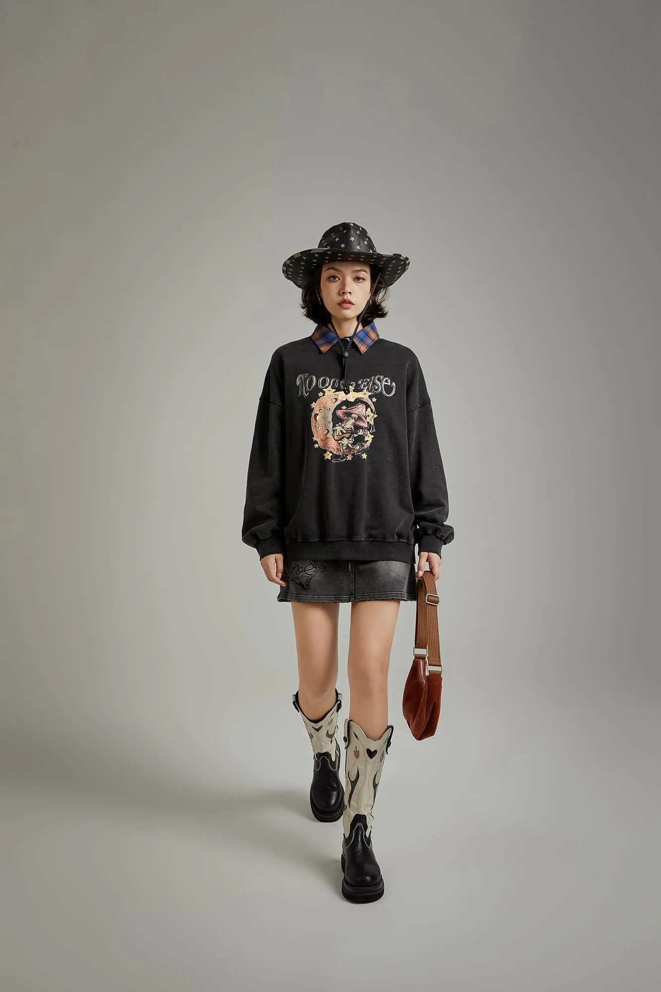 Printed Mushroom Moon Oversized Sweatshirt