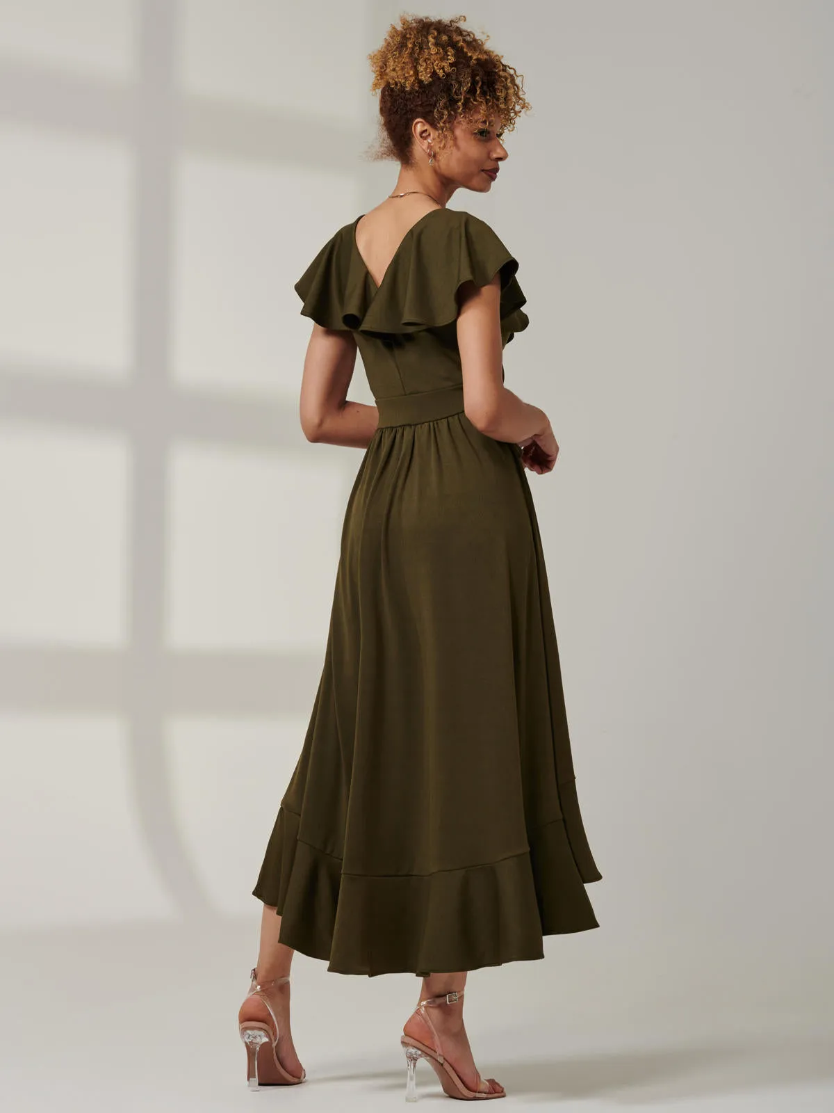 Priya Frill Dipped Hem Dress, Soldier Green