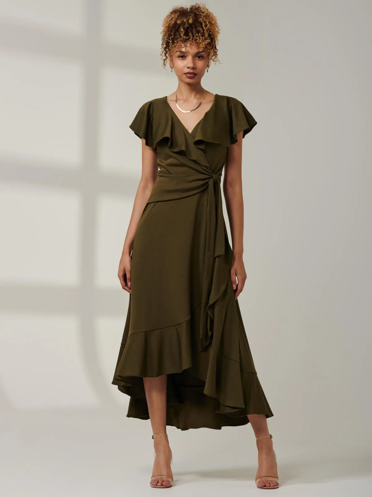 Priya Frill Dipped Hem Dress, Soldier Green