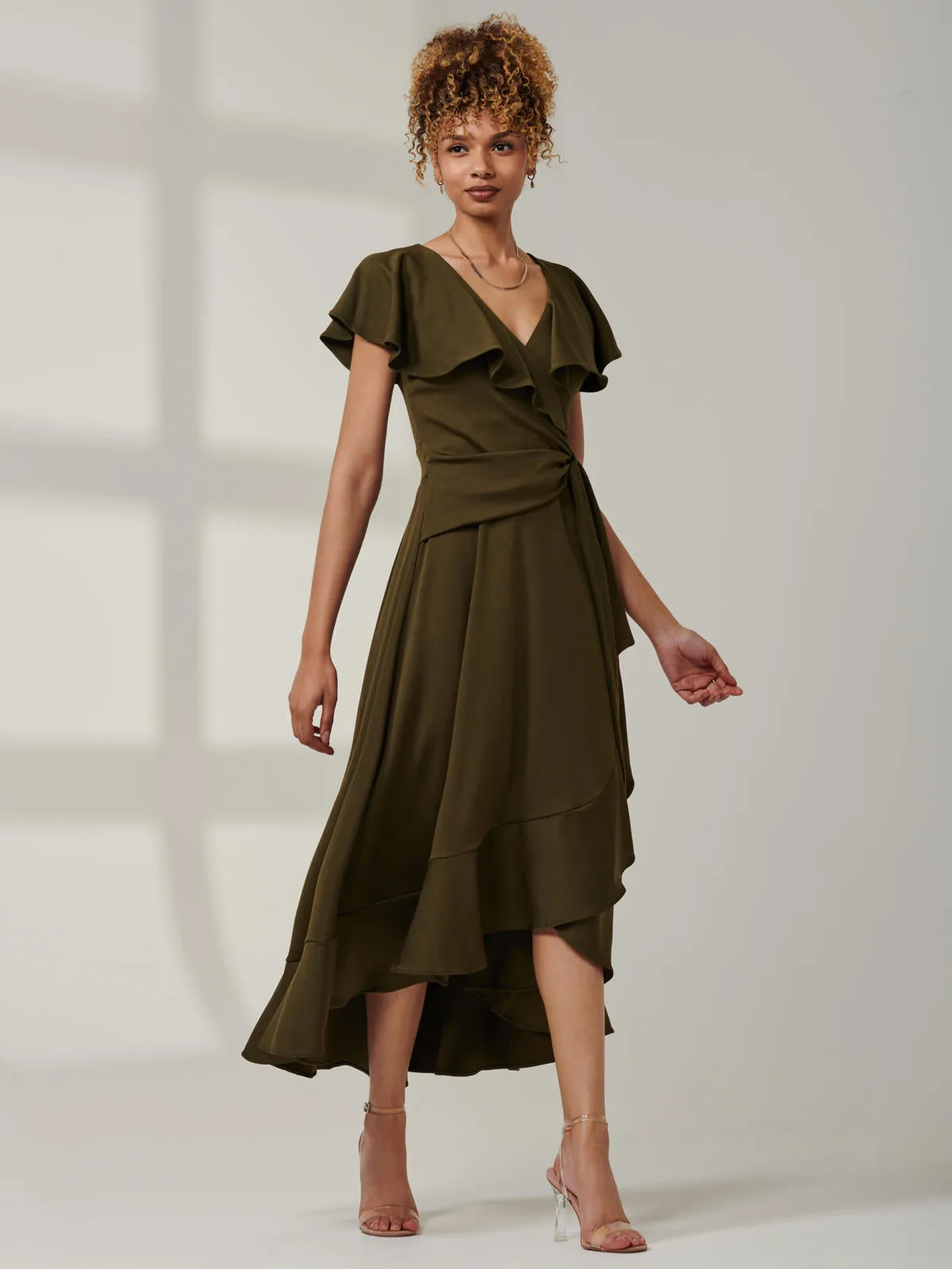 Priya Frill Dipped Hem Dress, Soldier Green