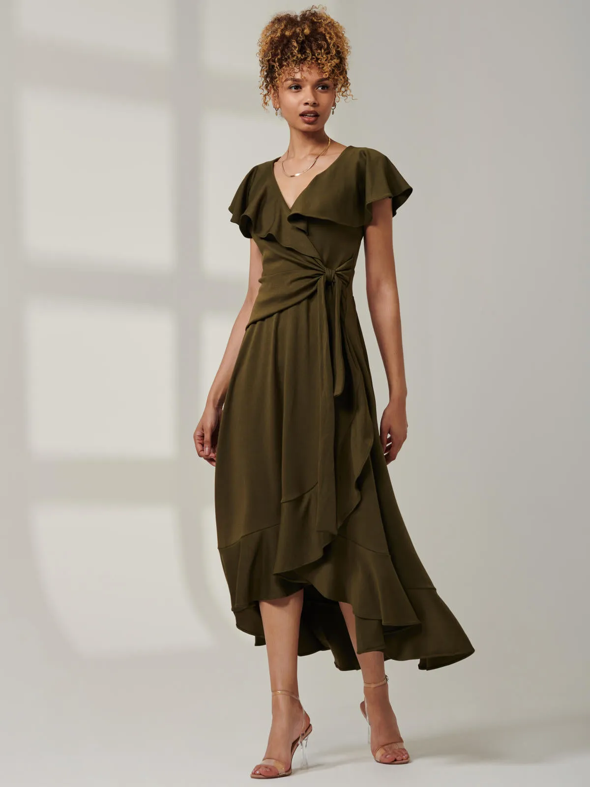 Priya Frill Dipped Hem Dress, Soldier Green